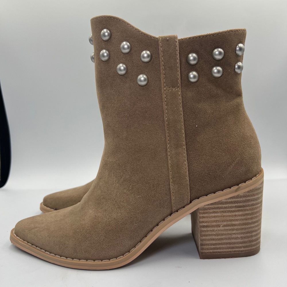 Oasis Society Studded Ankle Boots‎ Suede Western Booties Heel Tan Size 7.5